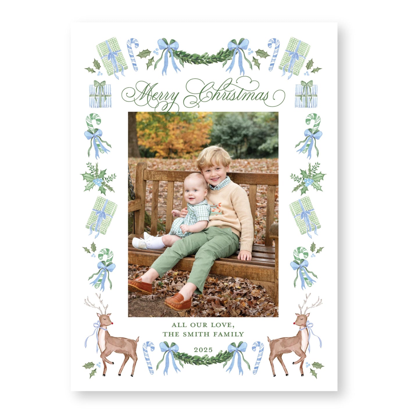 Exclusive Art | Reindeer and Ribbons, Blue Holiday Card | 5x7 Holiday Photo Card with Envelope
