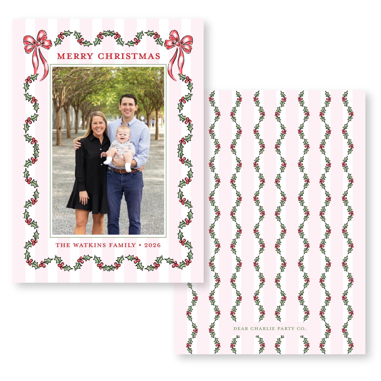 Holly Jolly Stripes in Pink | 5x7 Holiday Photo Card with Envelope