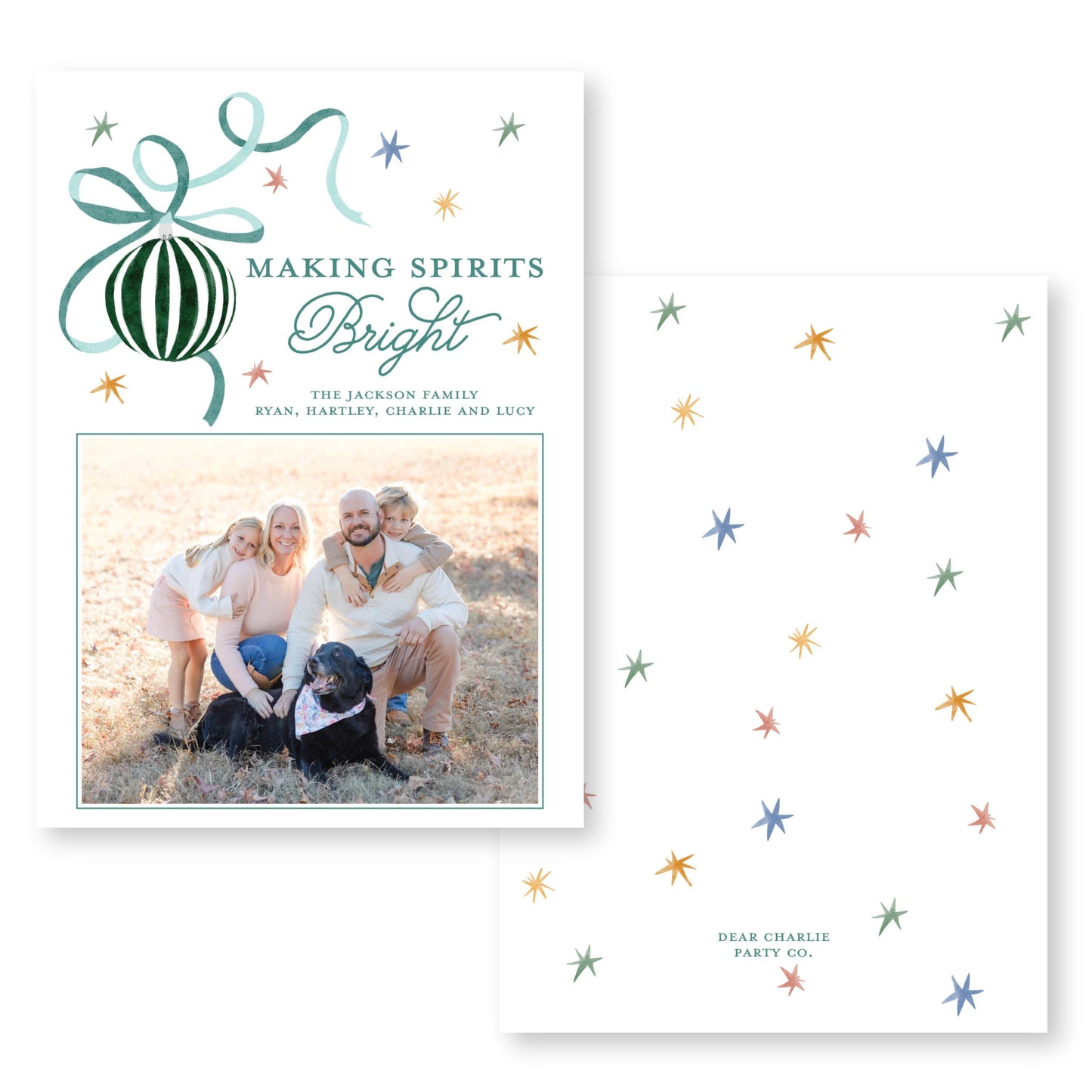The image is a holiday card featuring a family photo of a man, woman, and two children posing together in a field. The card has a festive design with stars and a ribbon, and the text "Making Spirits Bright" and "The Jackson Family" is displayed.