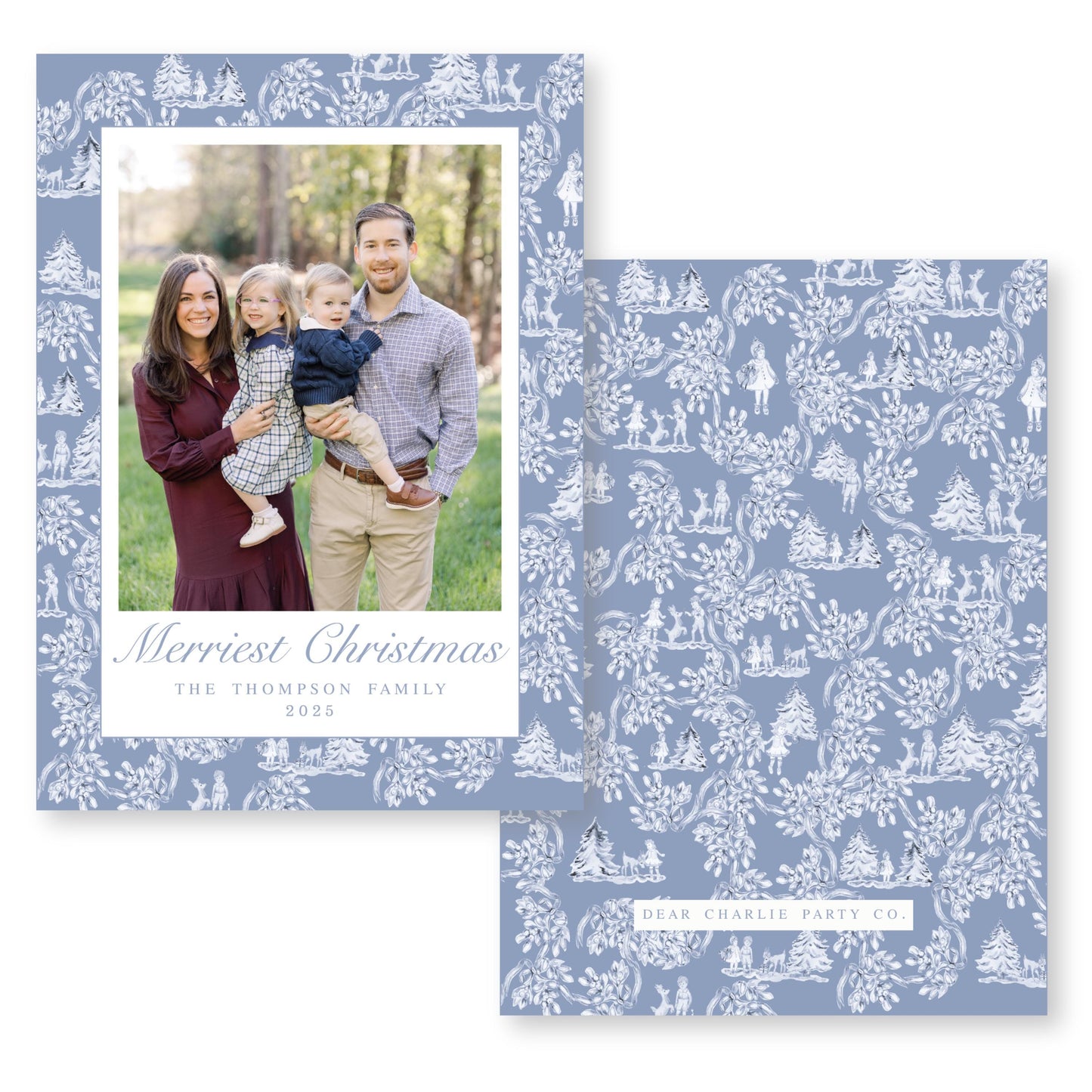 Holiday Toile Christmas Card, Blue | 5x7 Holiday Photo Card with Envelope