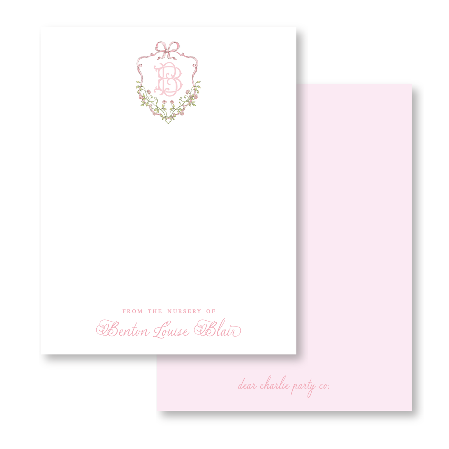 Floral Pink Crest with Monogram Vertical Notecards