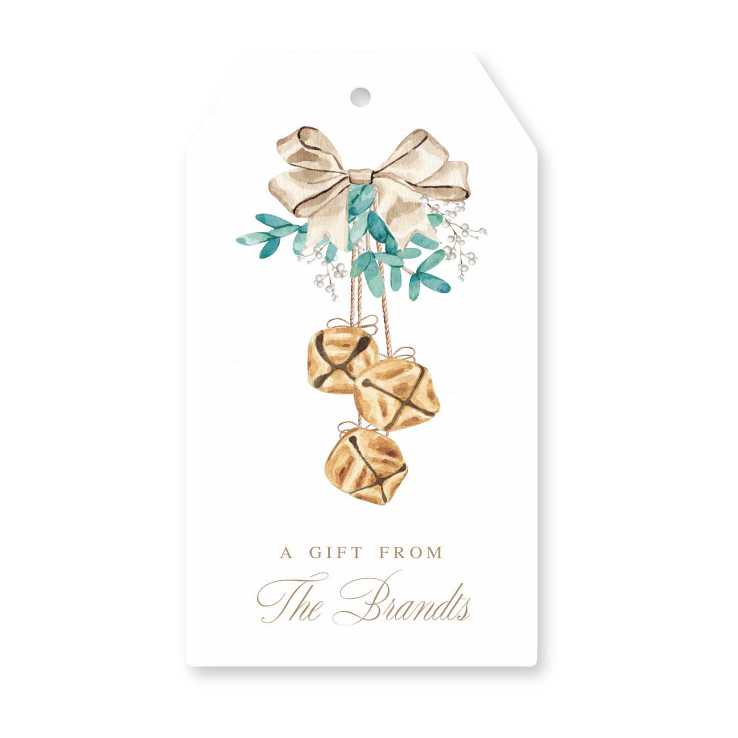 a gift from the brands tag with a bow and bells