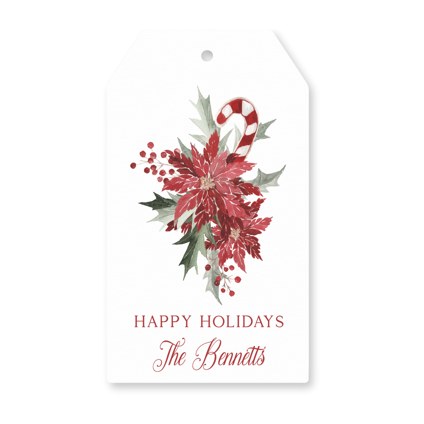 a holiday gift tag with a poinsetti and candy cane