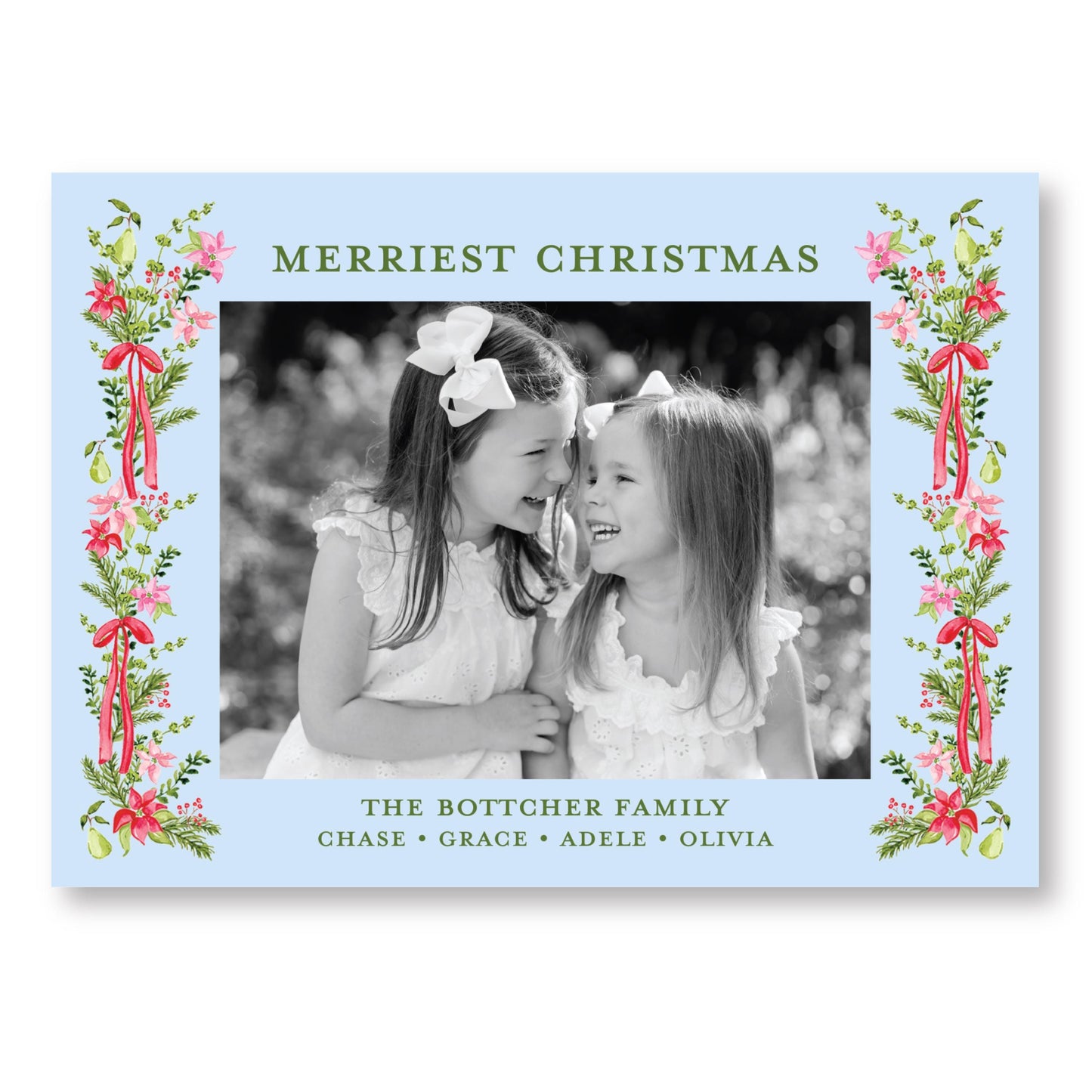 Petals and Pears Frame Blue Horizontal Card | 5x7 Holiday Photo Card with Envelope