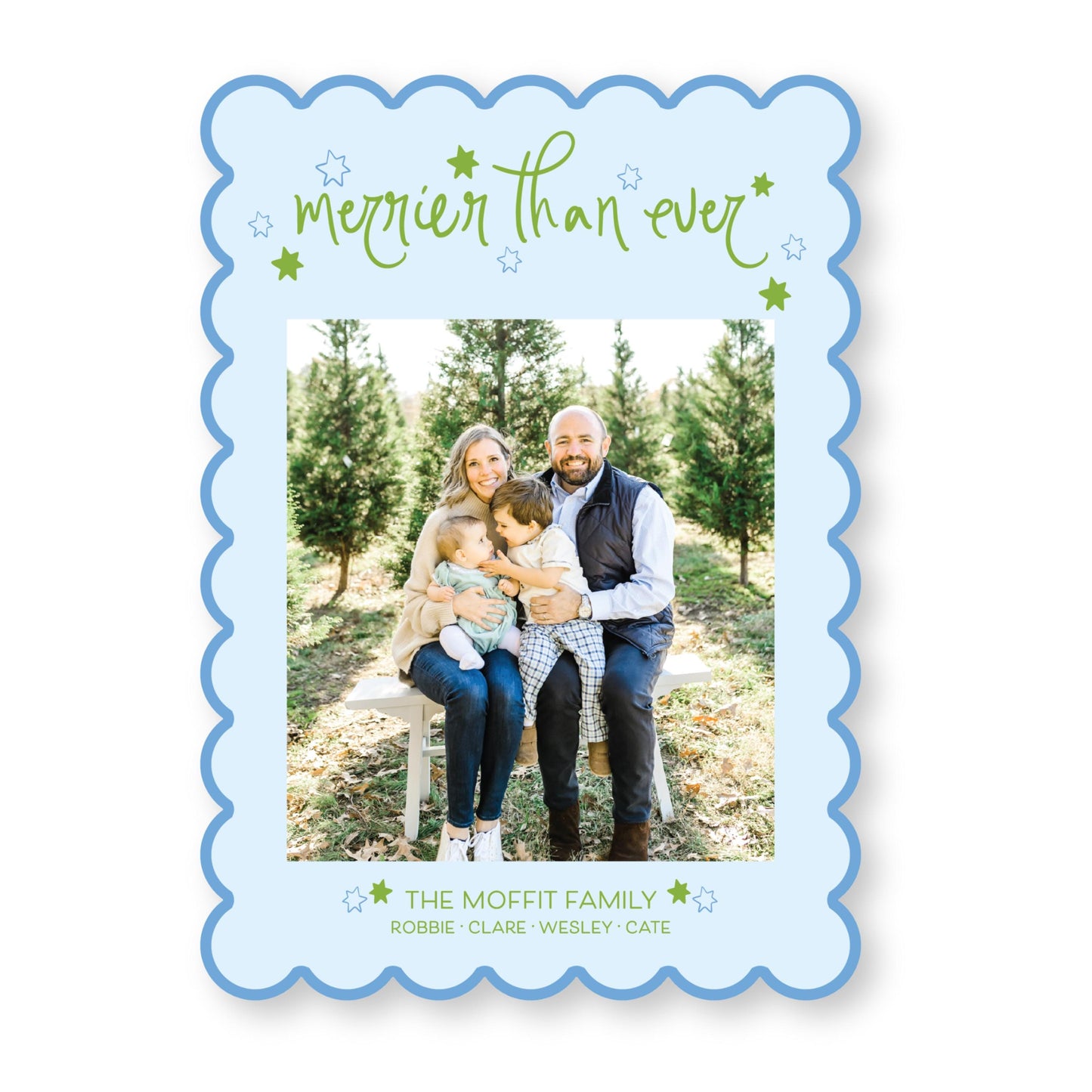 Starry Night Scallop Card in Bright Blue and Green | 5x7 Holiday Photo Card with Envelope