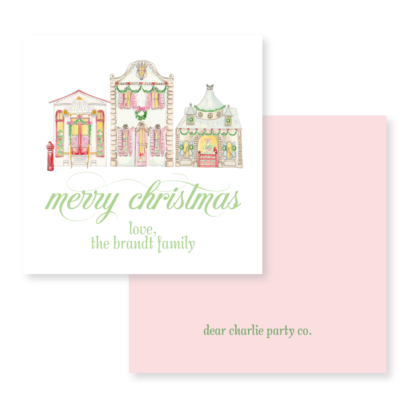 a pink and green christmas card with a picture of a house