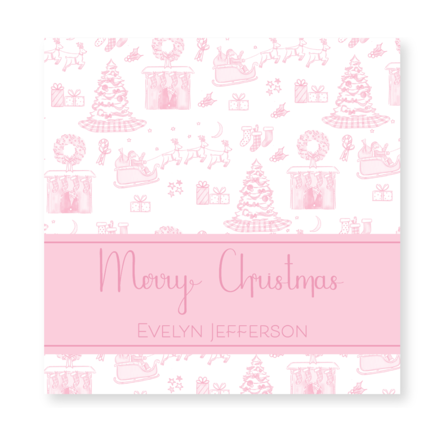 a pink christmas card with a pattern of presents