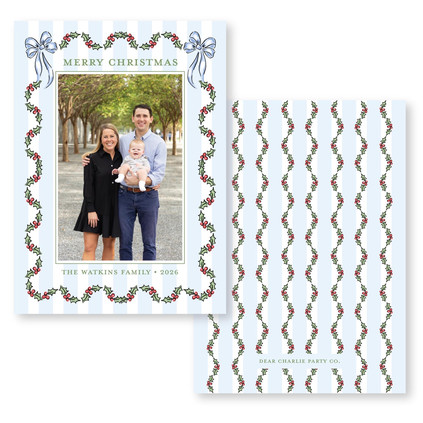 Holly Jolly Stripes in Blue | 5x7 Holiday Photo Card with Envelope