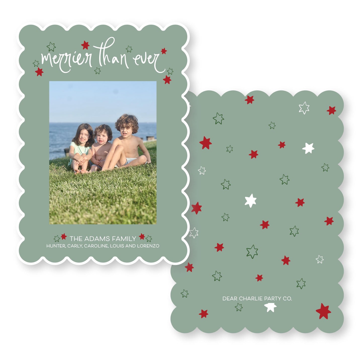 Starry Night Scallop Card in Sage | 5x7 Holiday Photo Card with Envelope