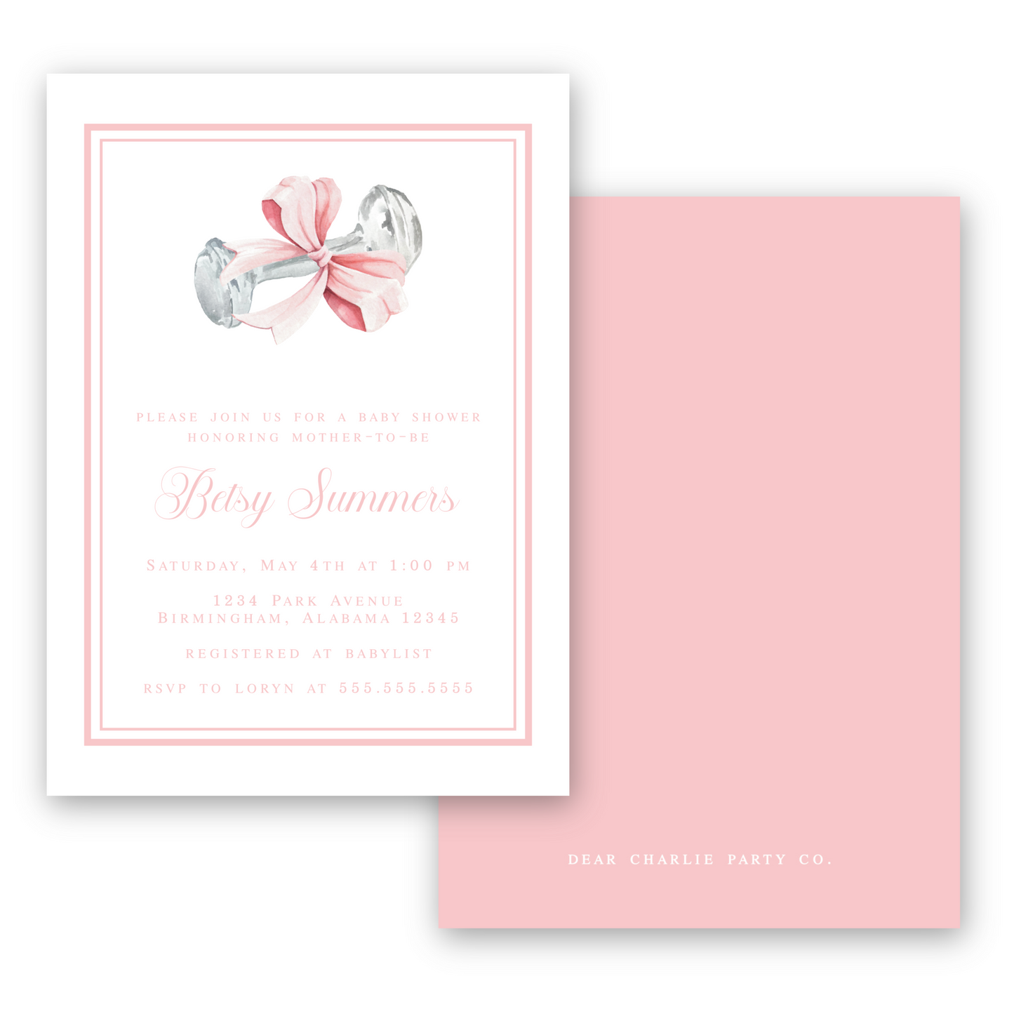 Heirloom Rattle and Bow Baby Shower Invitation in Pink