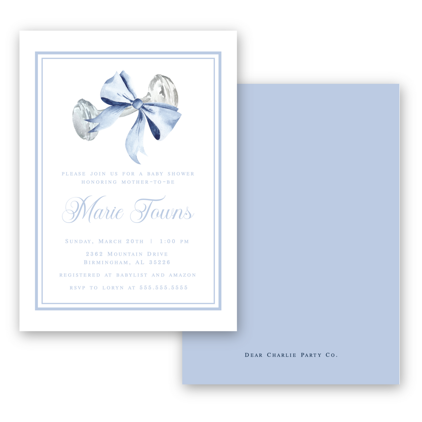 Heirloom Rattle and Bow Baby Shower Invitation in Blue