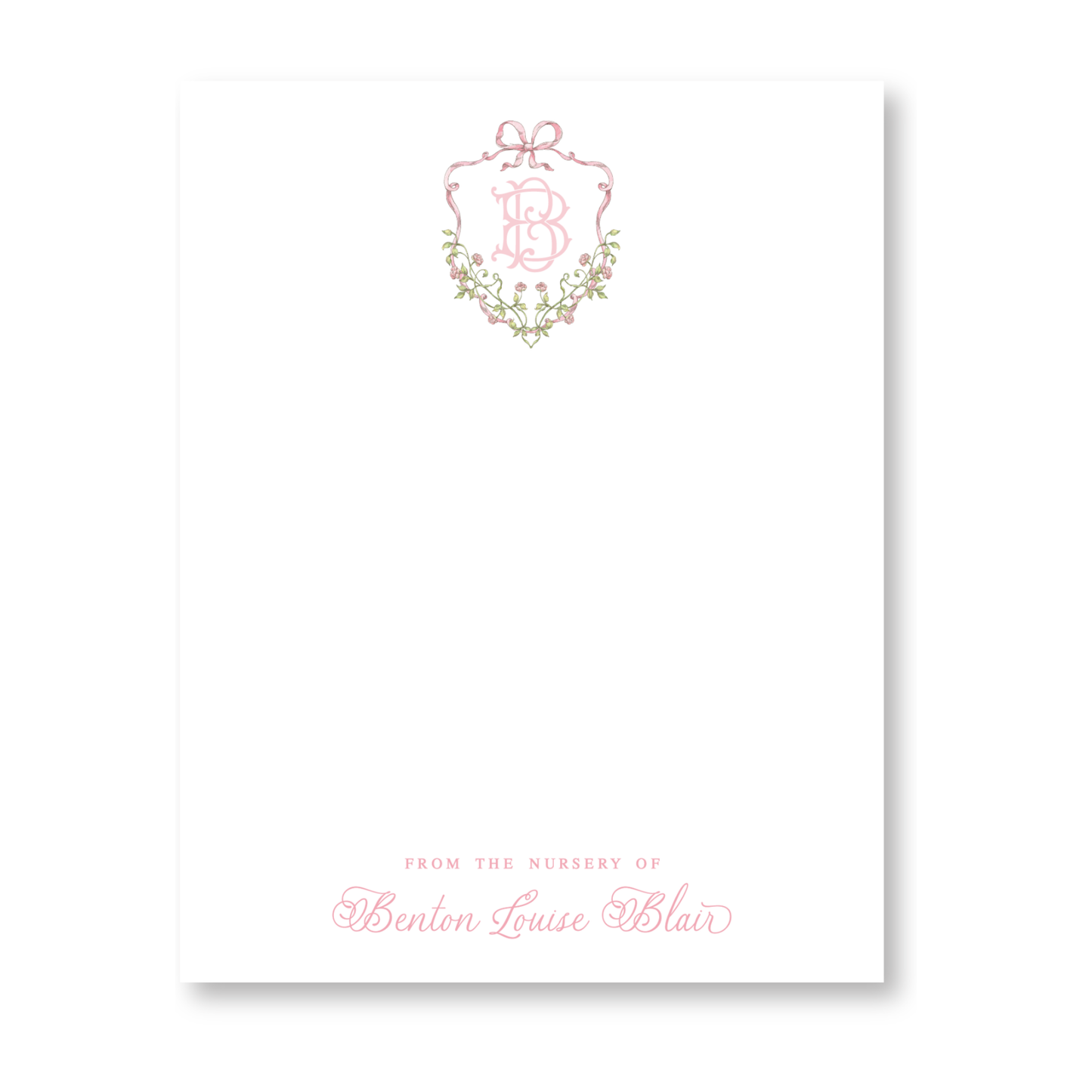 Floral Pink Crest with Monogram Vertical Notecards
