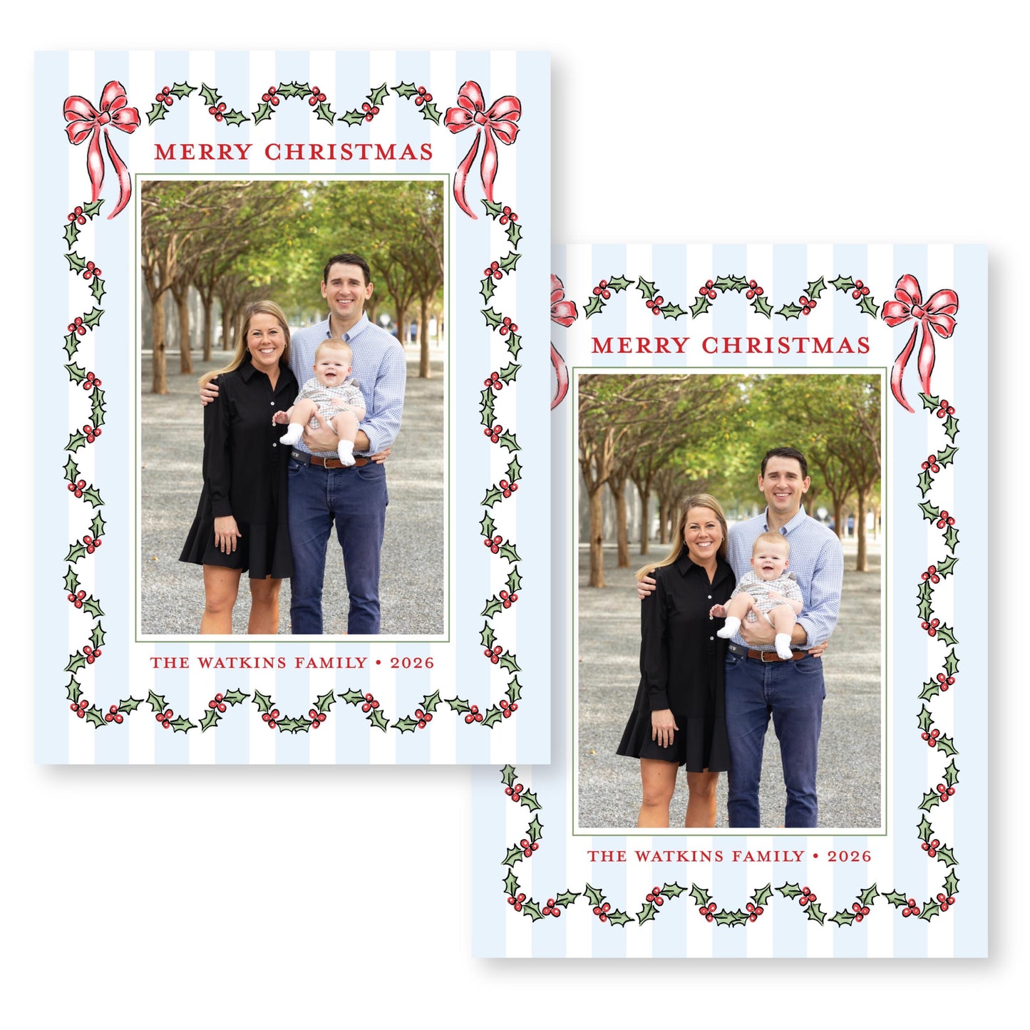 Holly Jolly Stripes in Blue | 5x7 Holiday Photo Card with Envelope