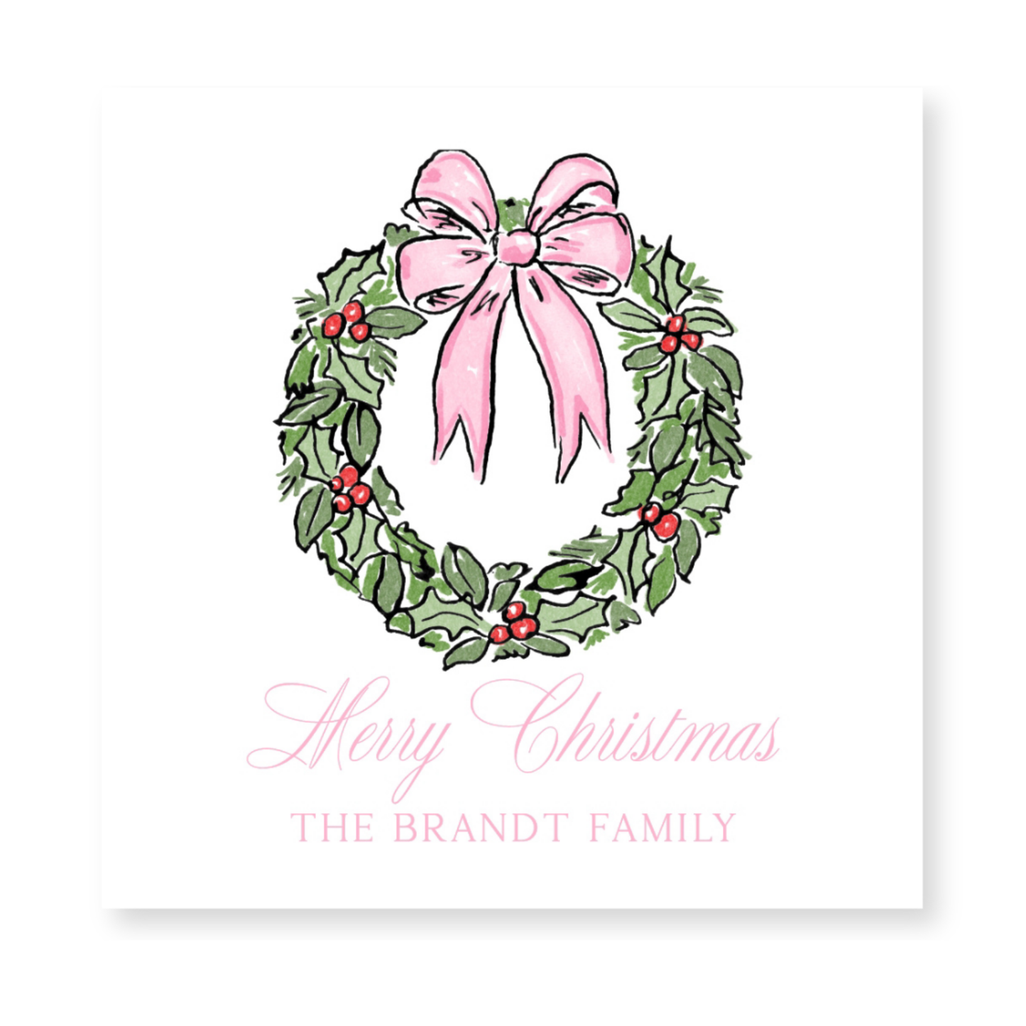 a christmas card with a pink bow and holly wreath