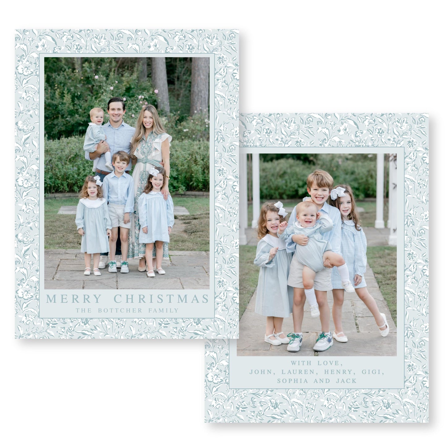 The image is a collage of two photos featuring a family of six, including a man, a woman, and their four children, all dressed in light blue outfits. The text on the collage reads "MERRY CHRISTMAS THE BOTCHER FAMILY" and "WITH LOVE, JOHN, LAUREN, HENRY, GIGI, APIA AND JACK".