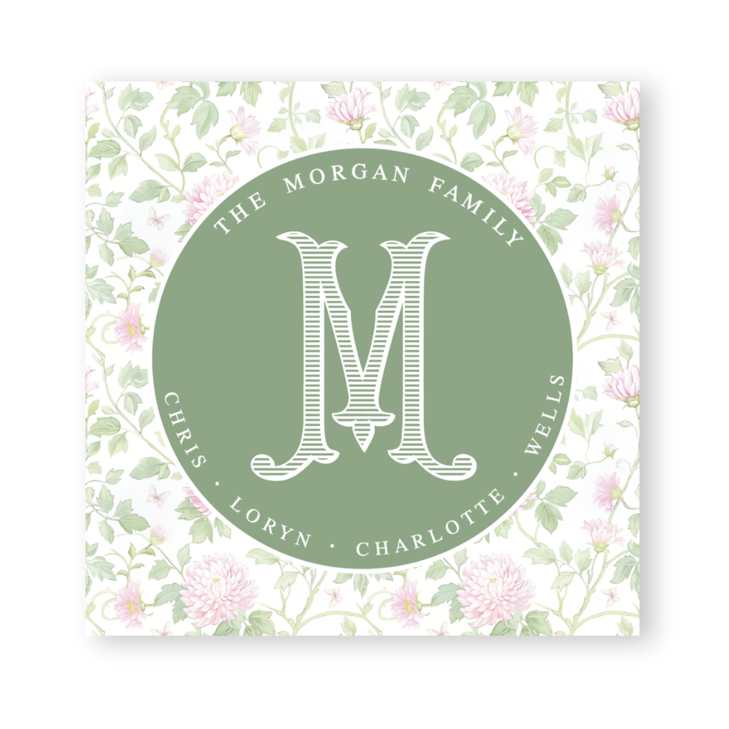 the morgan family logo on a floral background
