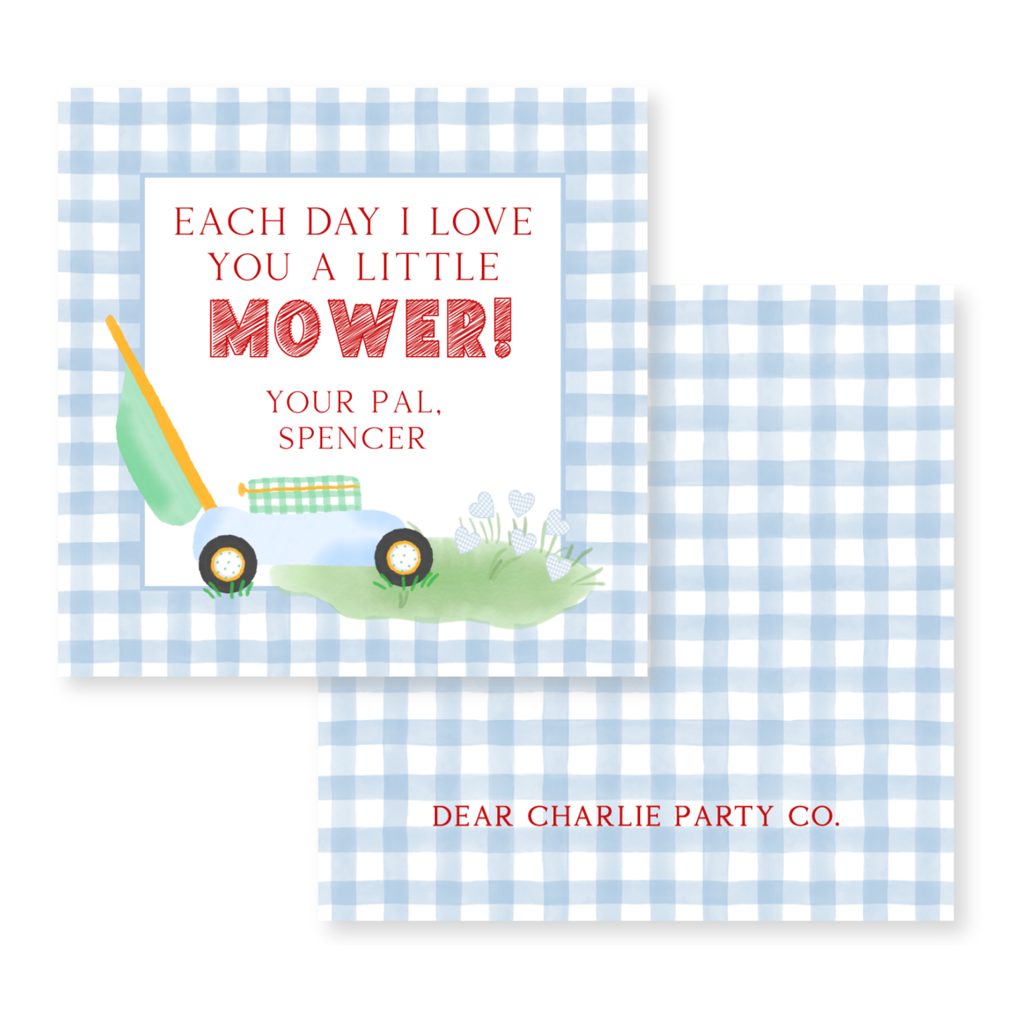 a blue and white checkered table cloth with a card saying each day i love
