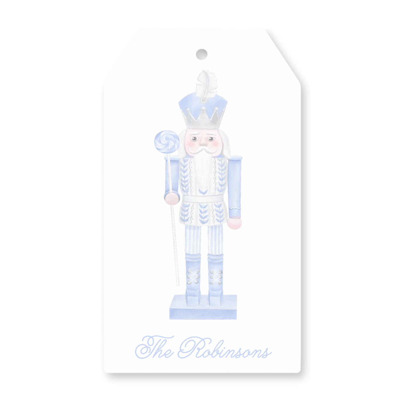 a tag with a picture of a nutcracker