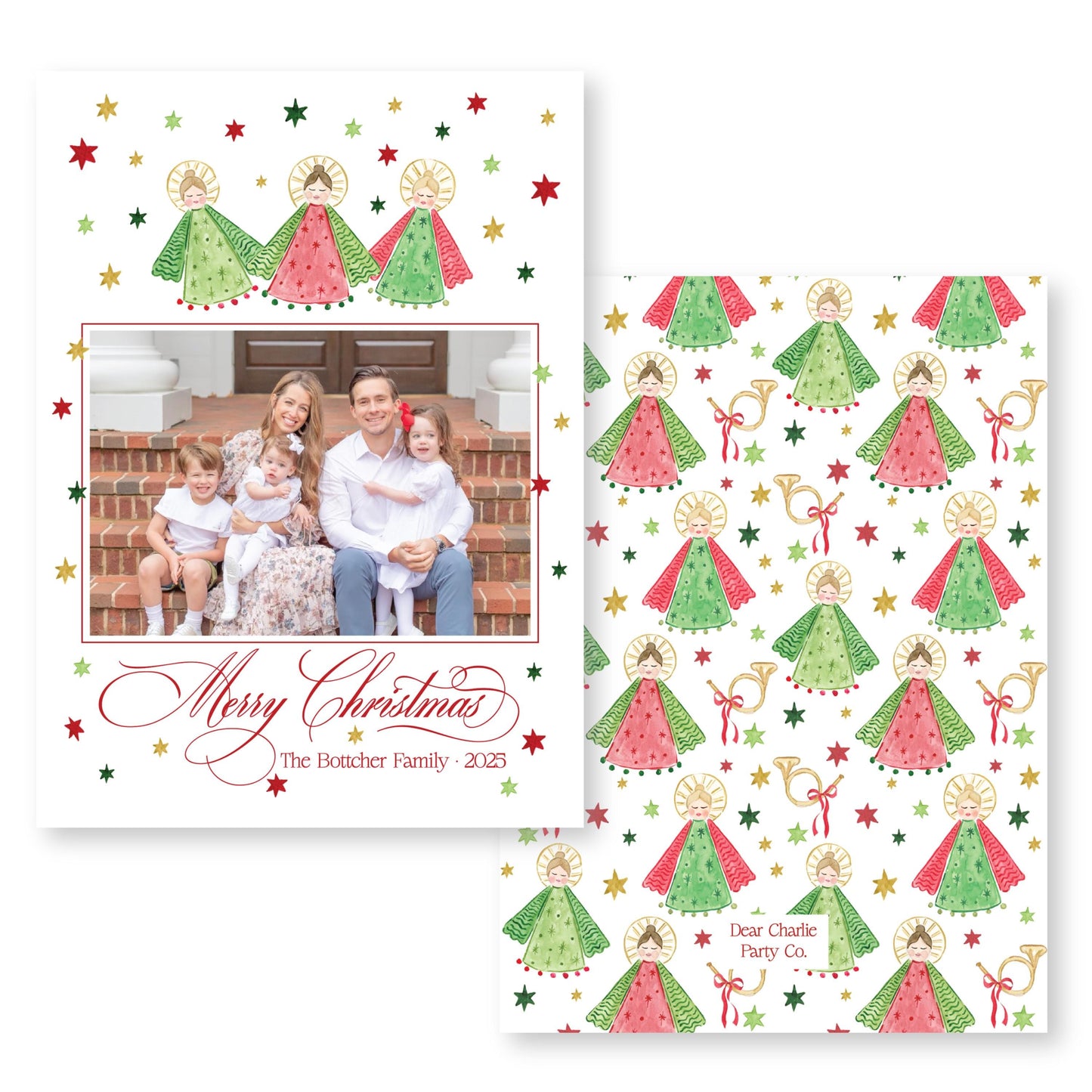 A family photo is displayed on a Christmas card with a pattern of green and red angels and stars. The card also includes a message that reads "Merry Christmas The Botcher Family 2015".