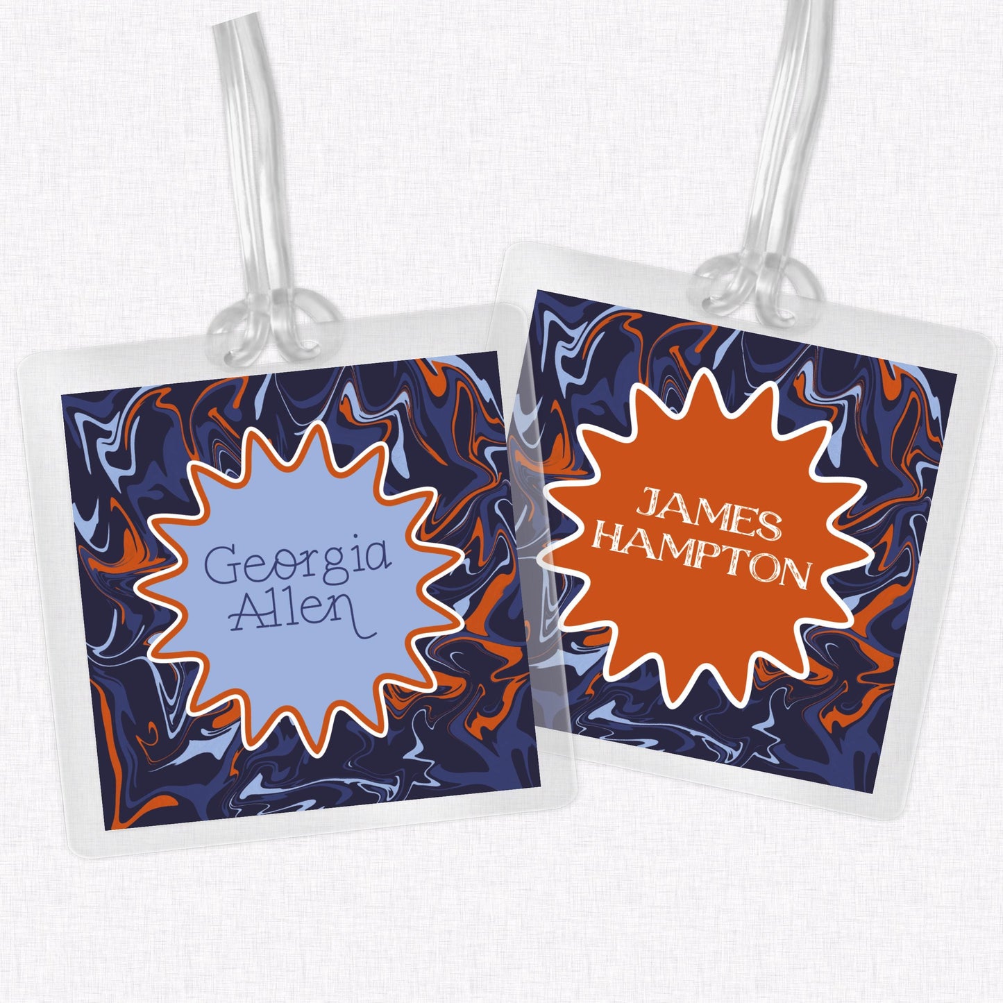 Navy and Orange Marble Bag Tag, Luggage Tag, Laminated Bag Tag