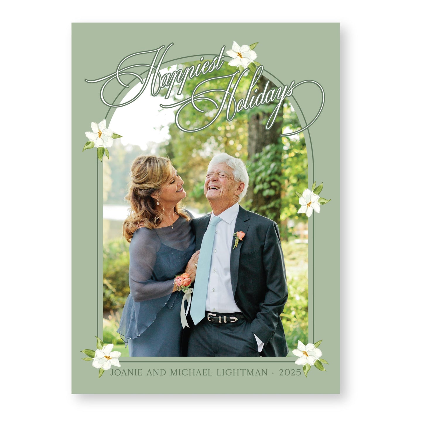 Merry Magnolias Arch in Green | 5x7 Holiday Photo Card with Envelope