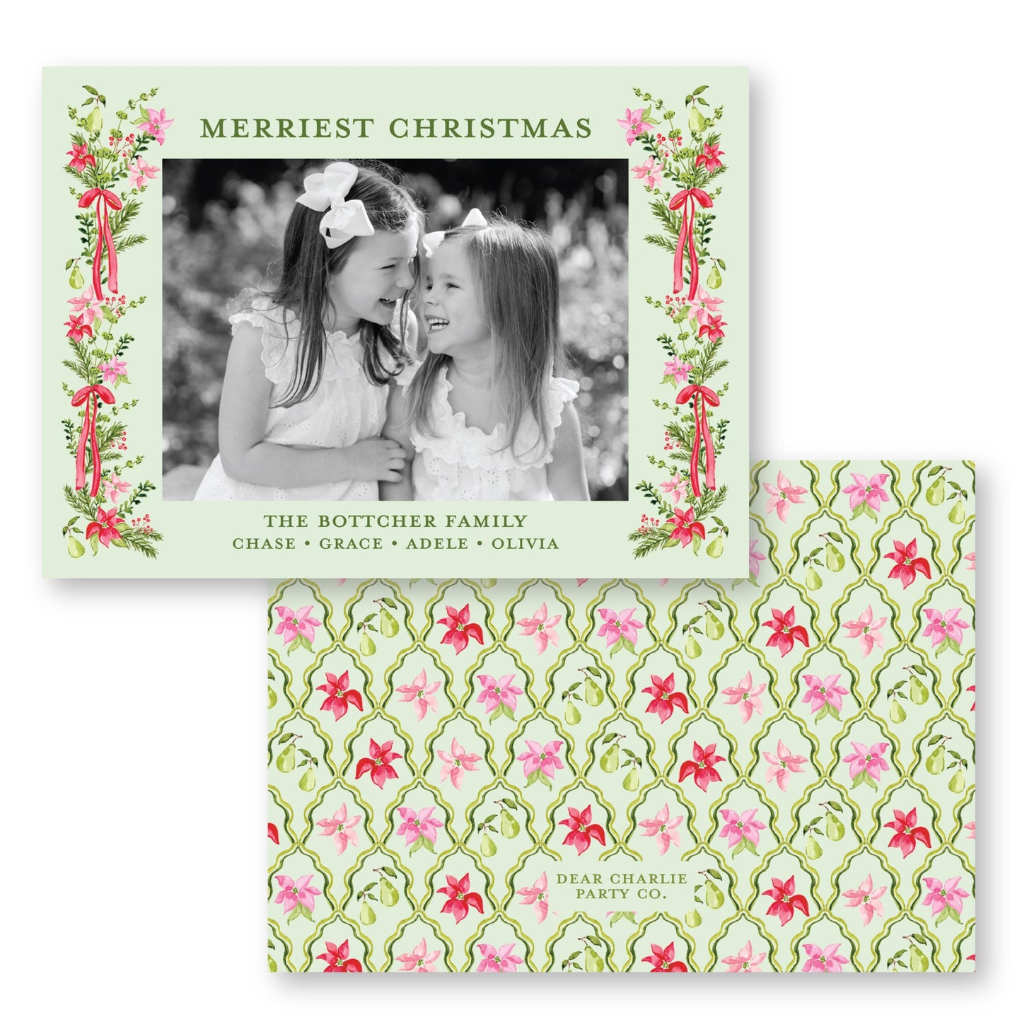 Petals and Pears Frame Green Horizontal Card | 5x7 Holiday Photo Card with Envelope