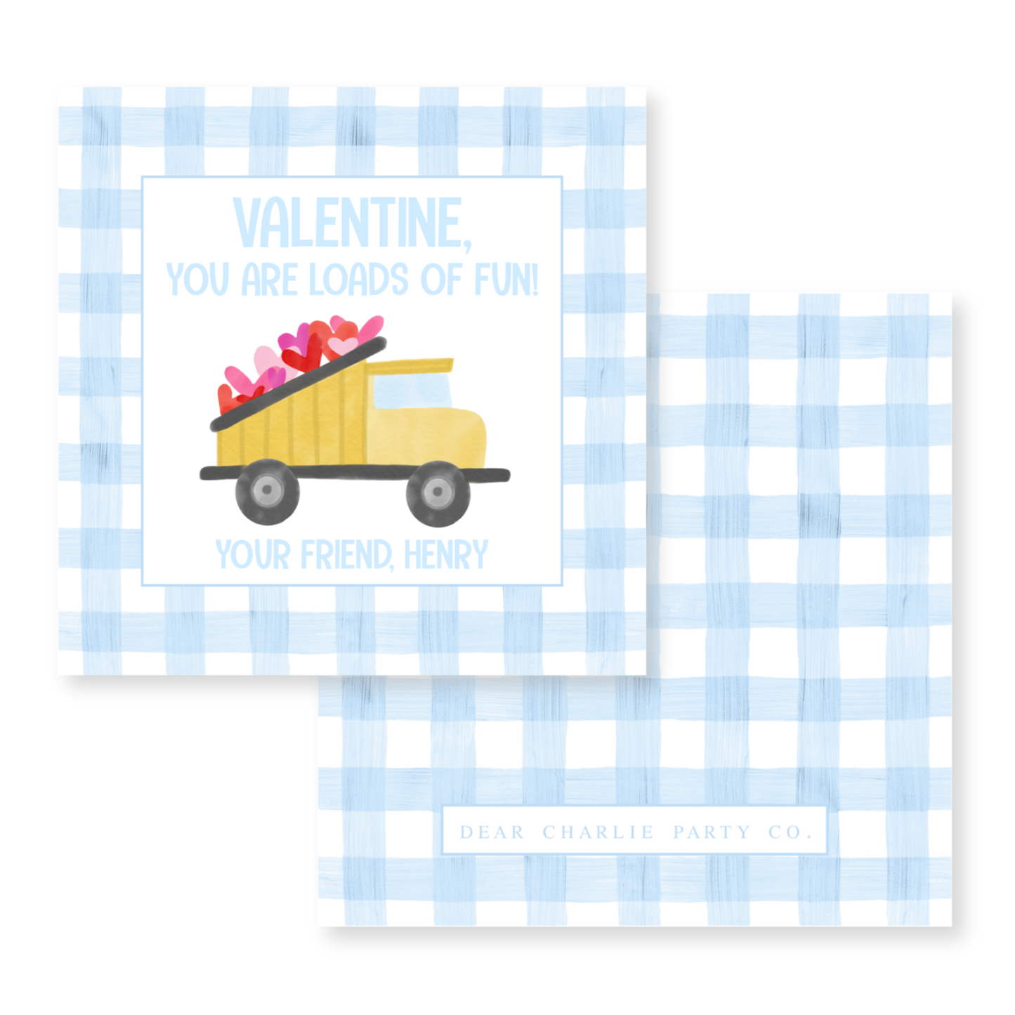 a blue and white checkered table cloth with a yellow truck filled with hearts