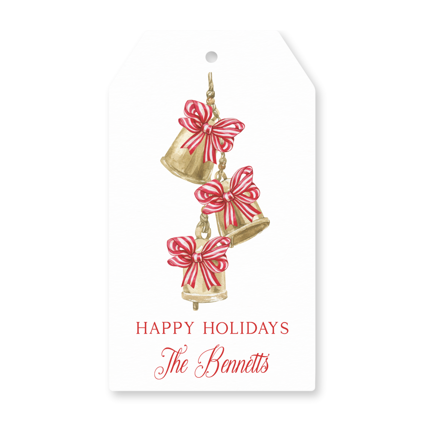 a holiday gift tag with bells and bows