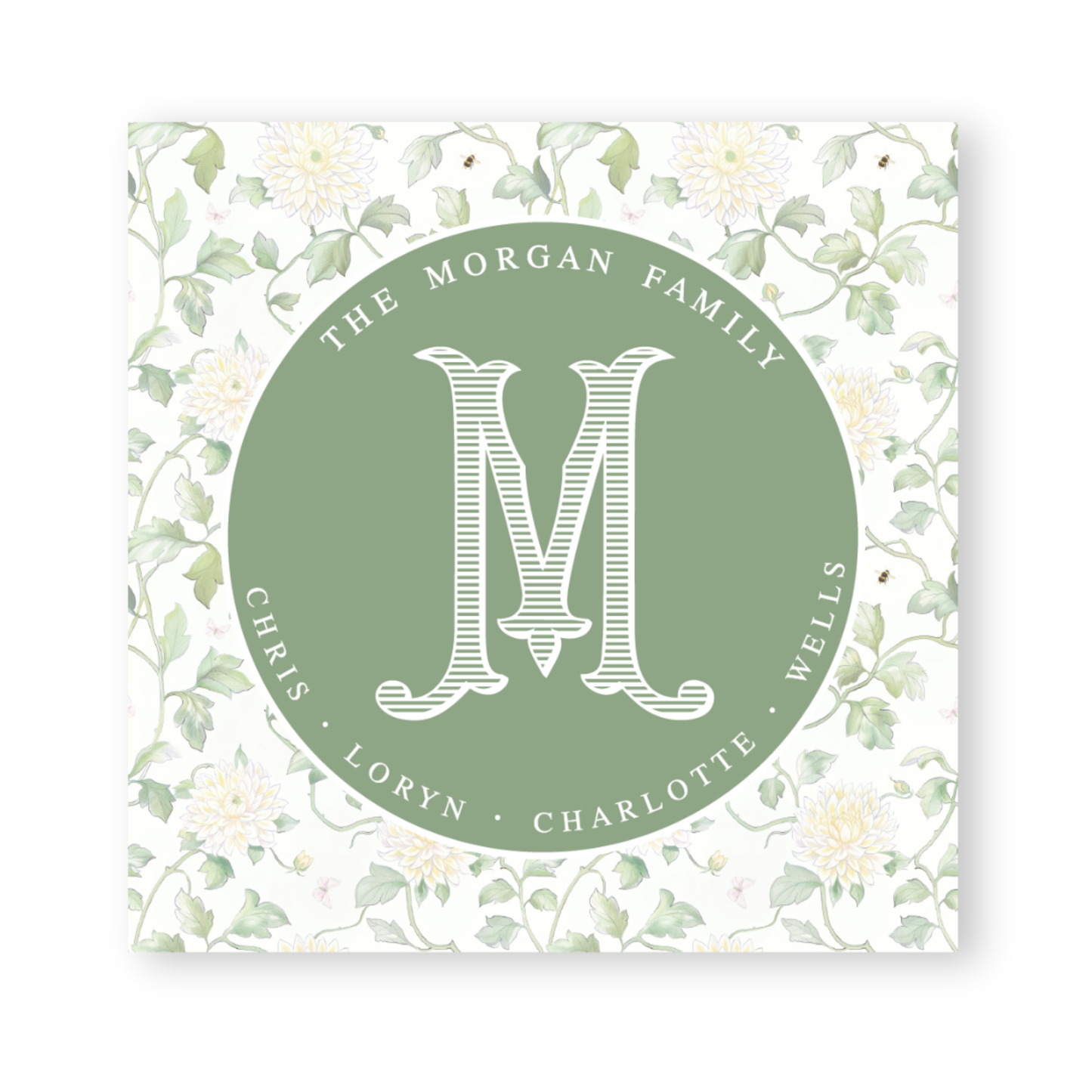 the morgan family logo on a green and white floral background
