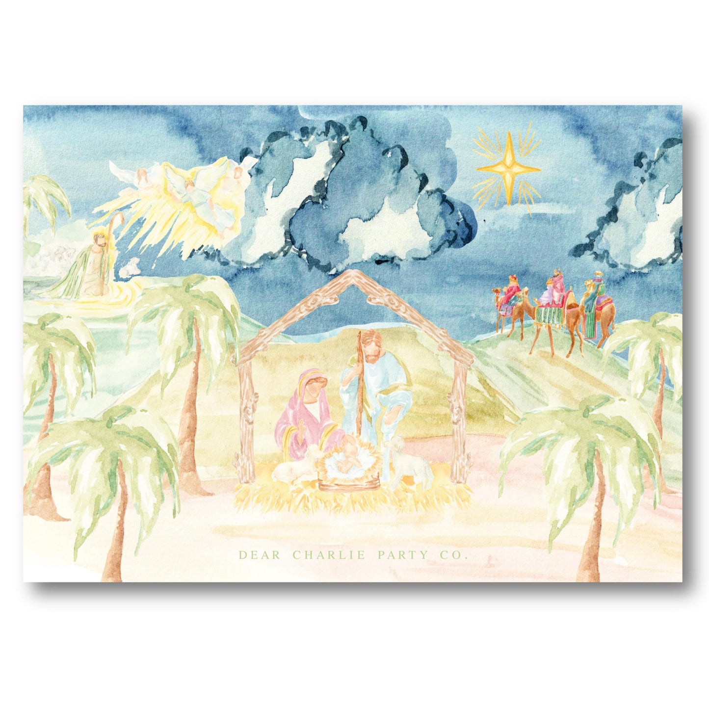a watercolor painting of a nativity scene