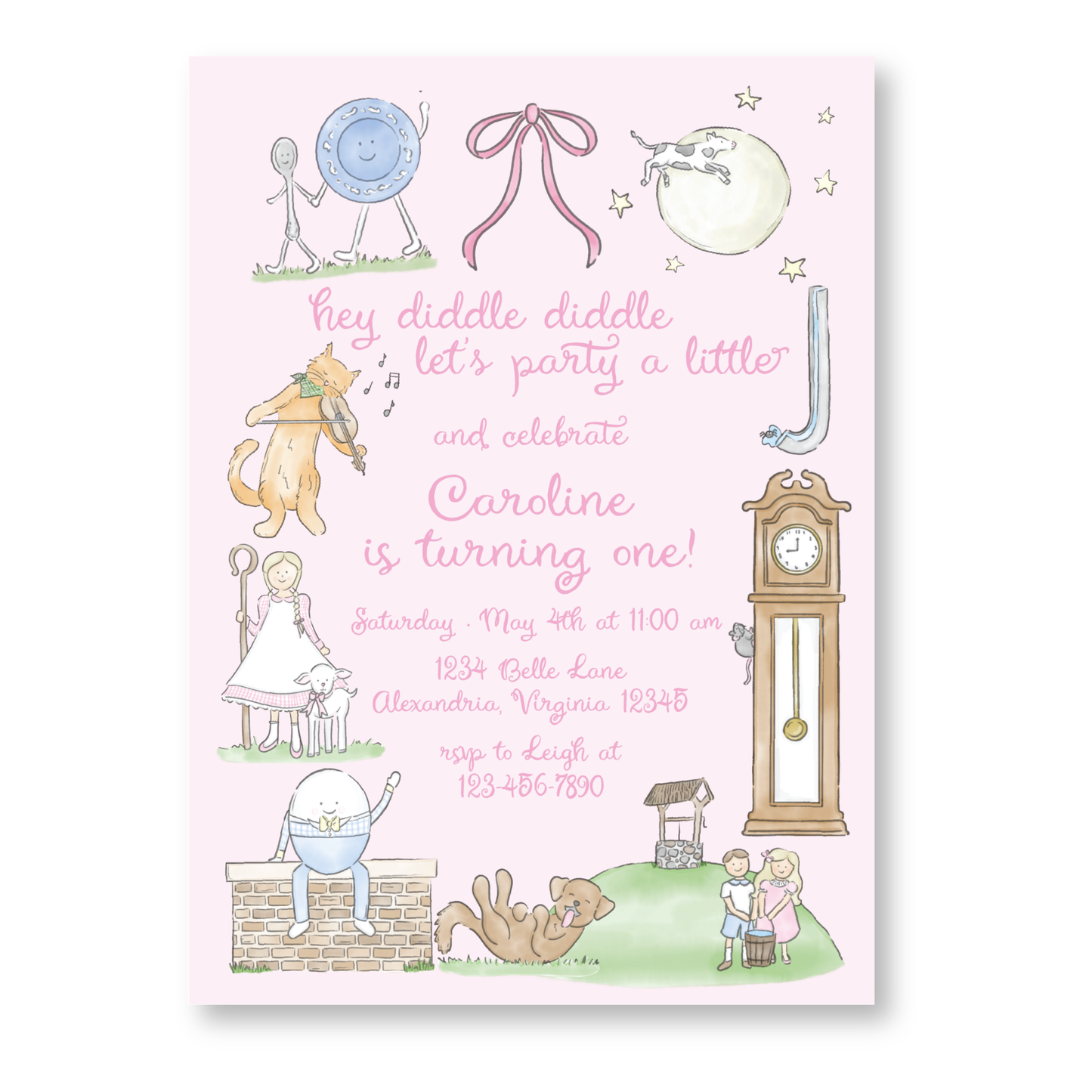 Nursery Rhyme Birthday Invitation in Pink