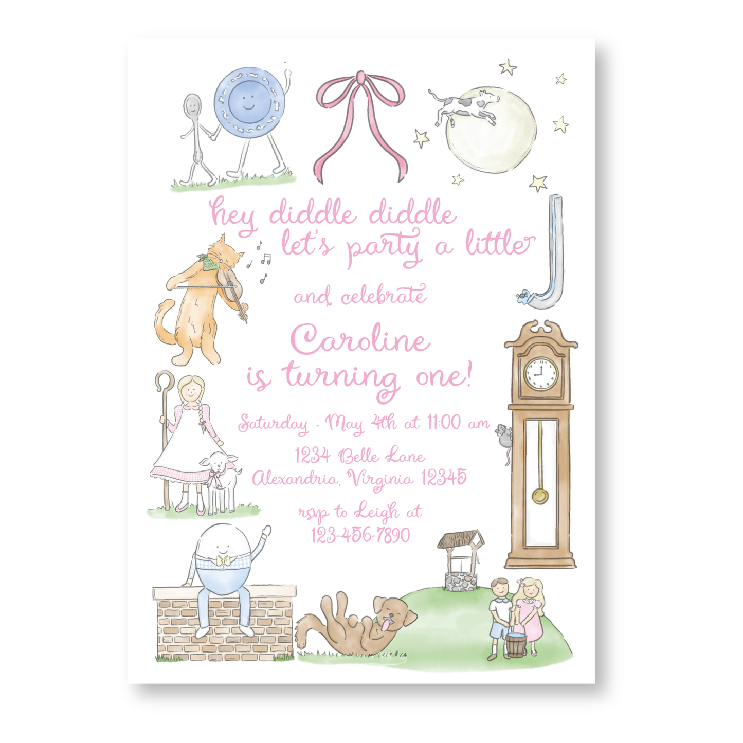 Nursery Rhyme Birthday Invitation in Pink