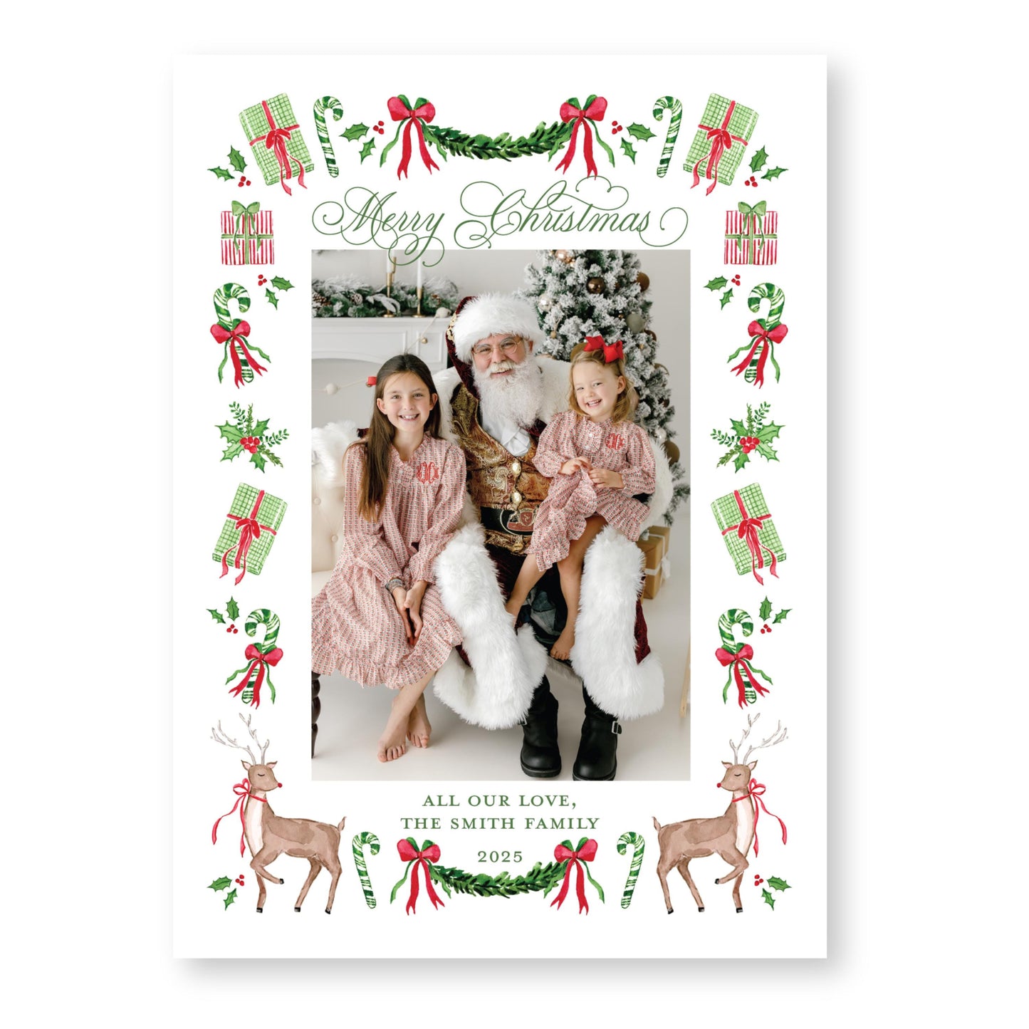 Exclusive Art | Reindeer and Ribbons | 5x7 Holiday Photo Card with Envelope