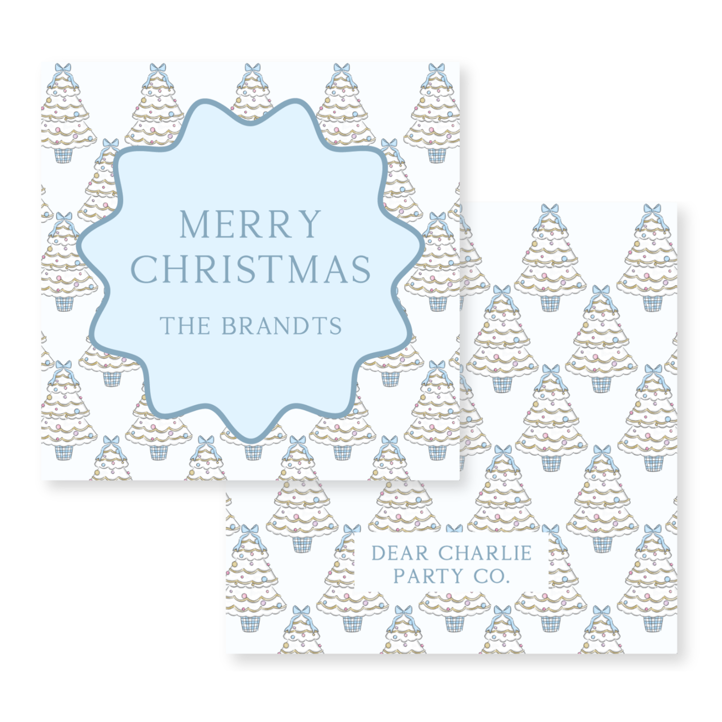 two christmas cards with blue and white trees on them