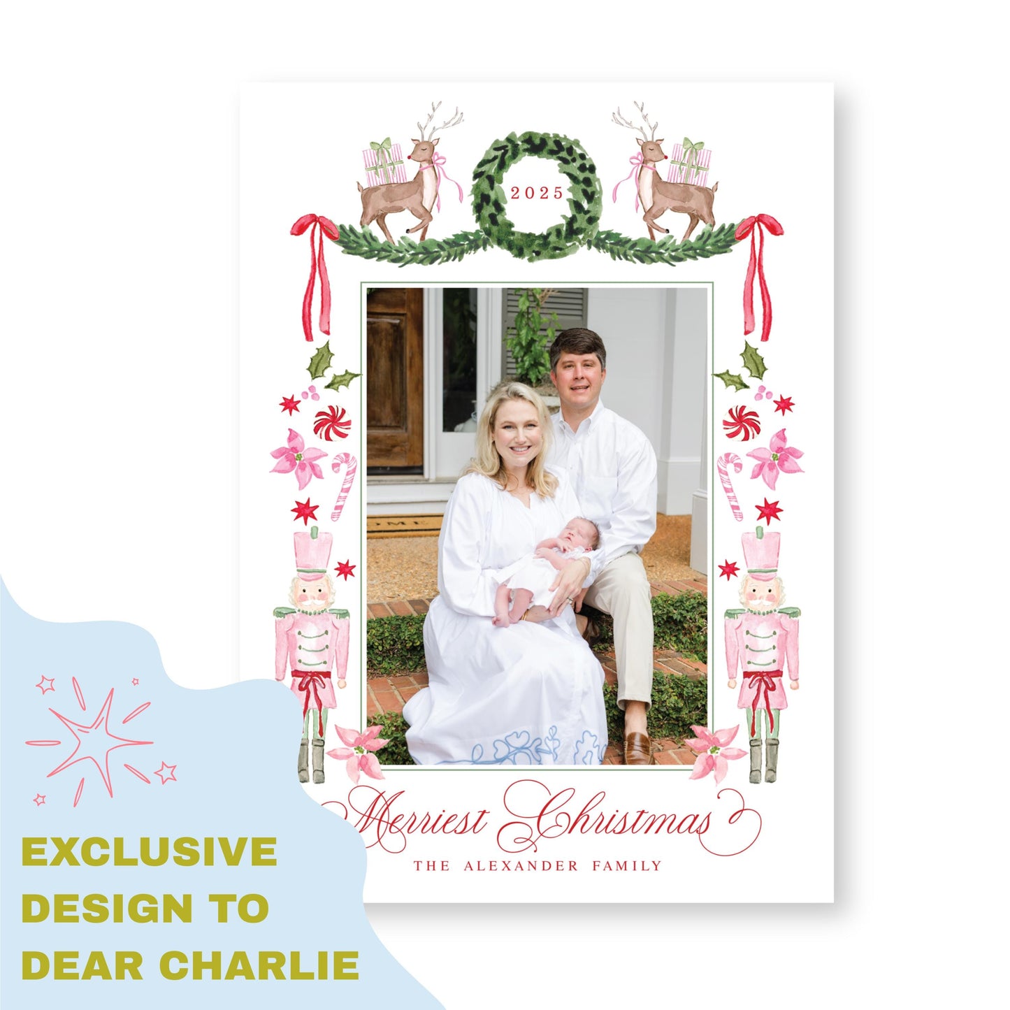 Exclusive Art | Reindeer, Nutcrackers and Ribbons Pink | 5x7 Holiday Photo Card with Envelope