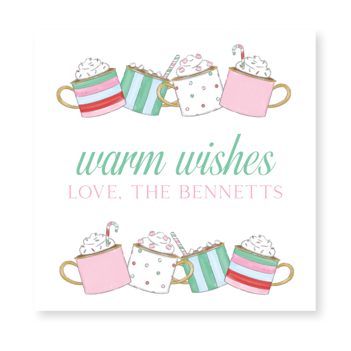 a card with two cups of coffee and the words warm wishes love, the ben
