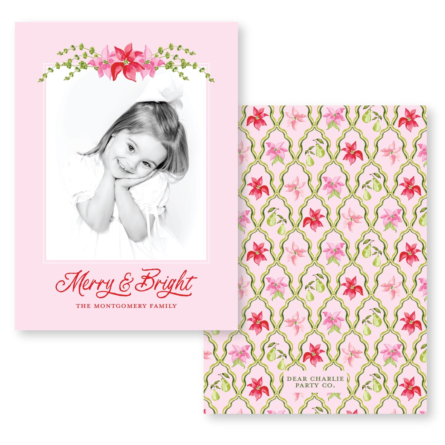 Petals and Pears Card in Pink | 5x7 Holiday Photo Card with Envelope