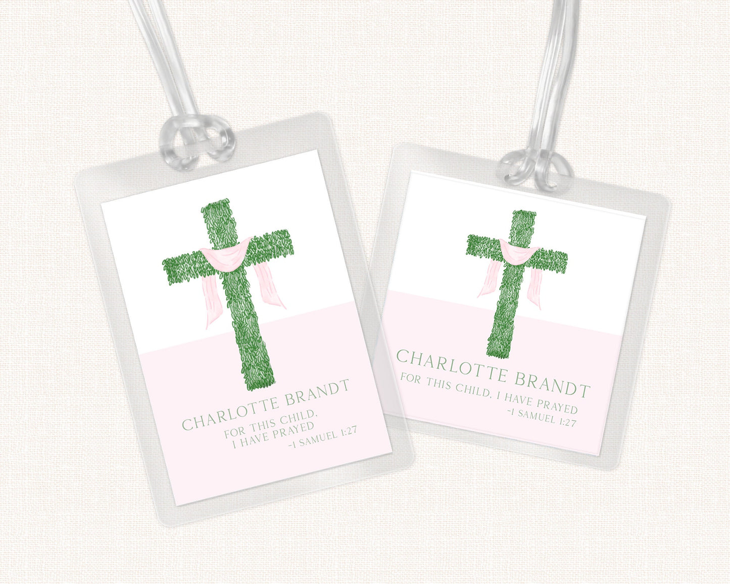 Greenery Cross Pink Sash Bag Tag, Luggage Tag, Baby Girl Bag Tag, Laminated Bag Tag, Girl Cross Bag Tag