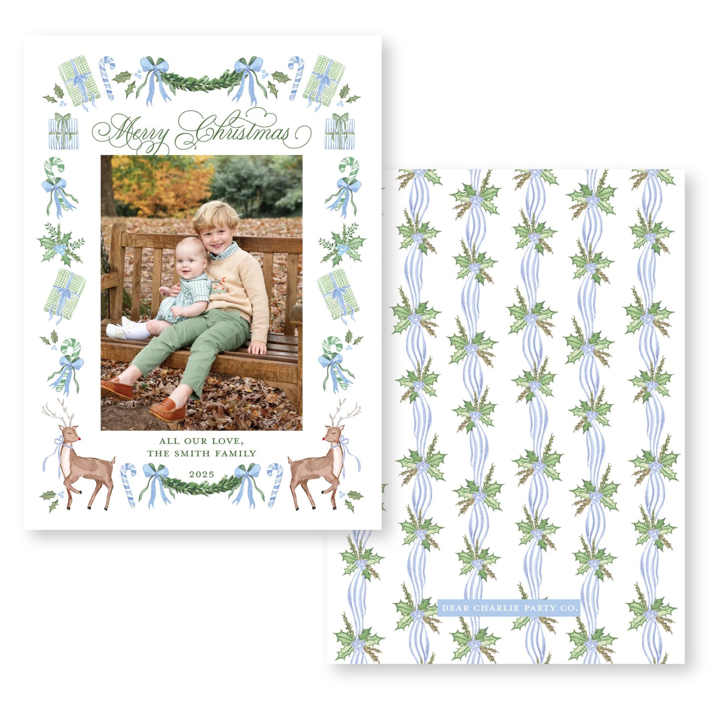 Exclusive Art | Reindeer and Ribbons, Blue Holiday Card | 5x7 Holiday Photo Card with Envelope