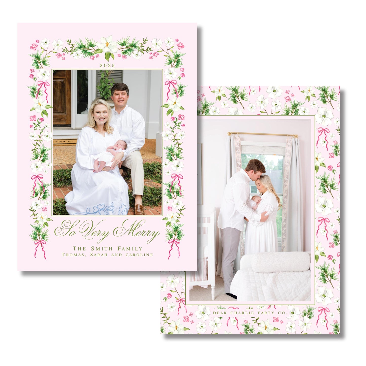 Merry Magnolias in Pink | 5x7 Holiday Photo Card with Envelope