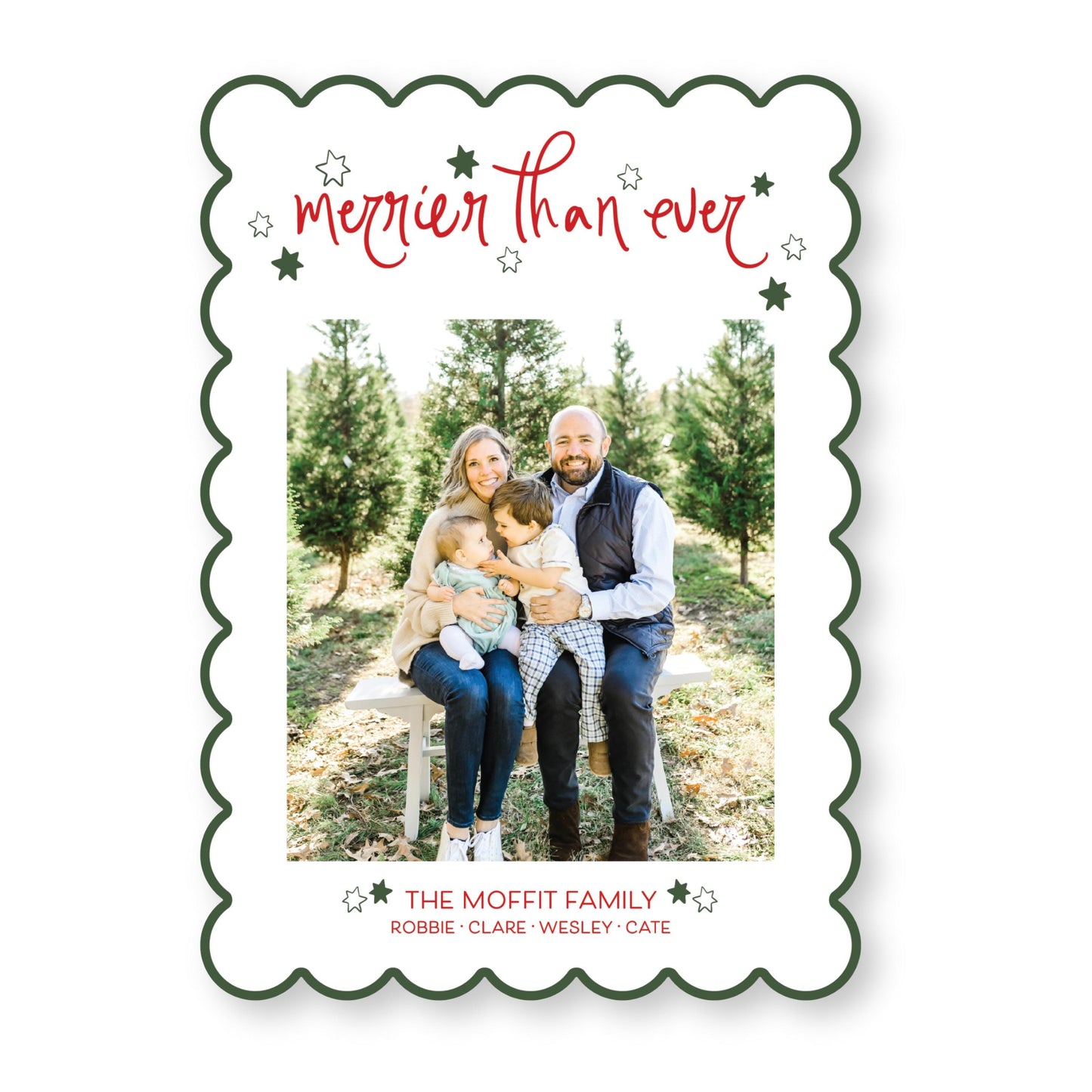 Starry Night Scallop Card in Traditional Christmas Colors | 5x7 Holiday Photo Card with Envelope