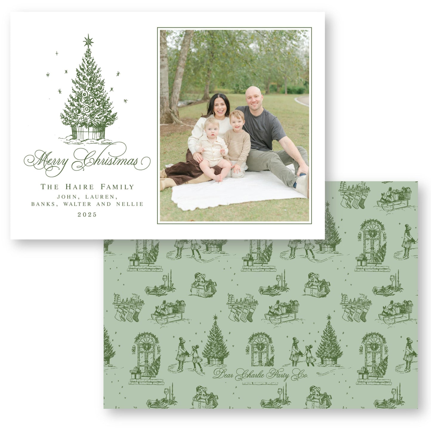 Toile Tidings Holiday Card in Green | 5x7 Holiday Photo Card with Envelope
