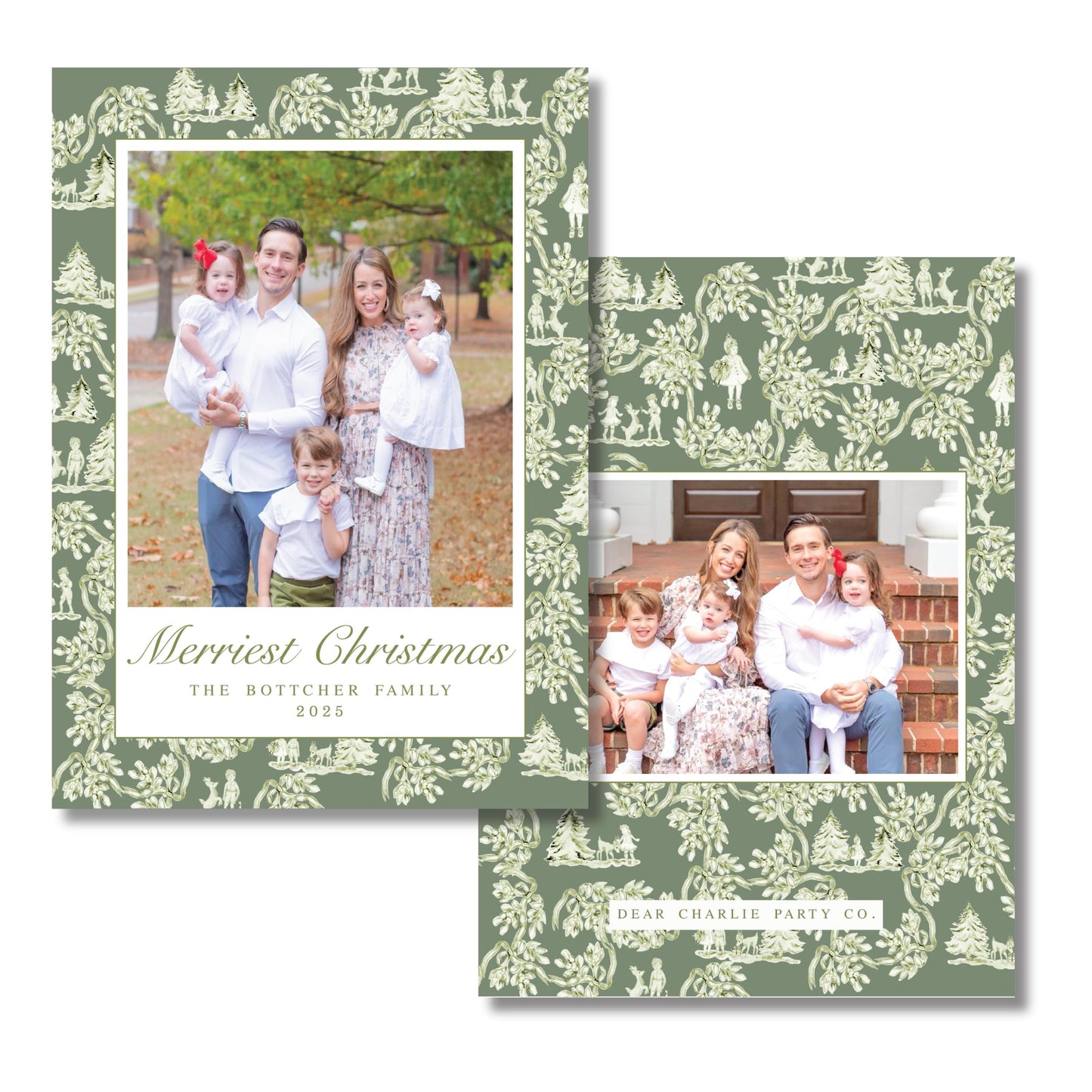 Holiday Toile Christmas Card, Green | 5x7 Holiday Photo Card with Envelope