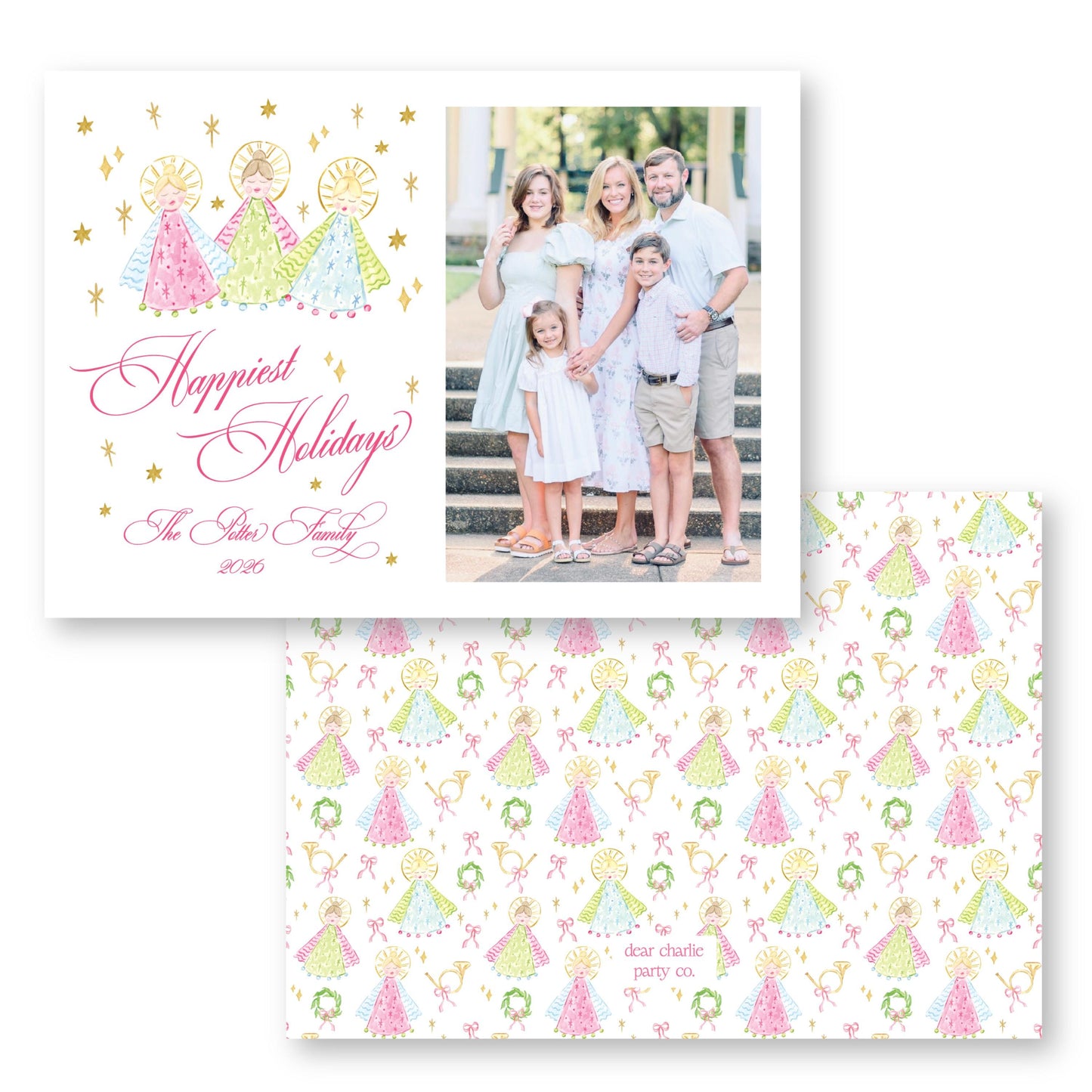 A family photo of a group of people, including adults and children, posing together for a holiday celebration. The photo is accompanied by a greeting card with a festive design featuring angels and Christmas trees.