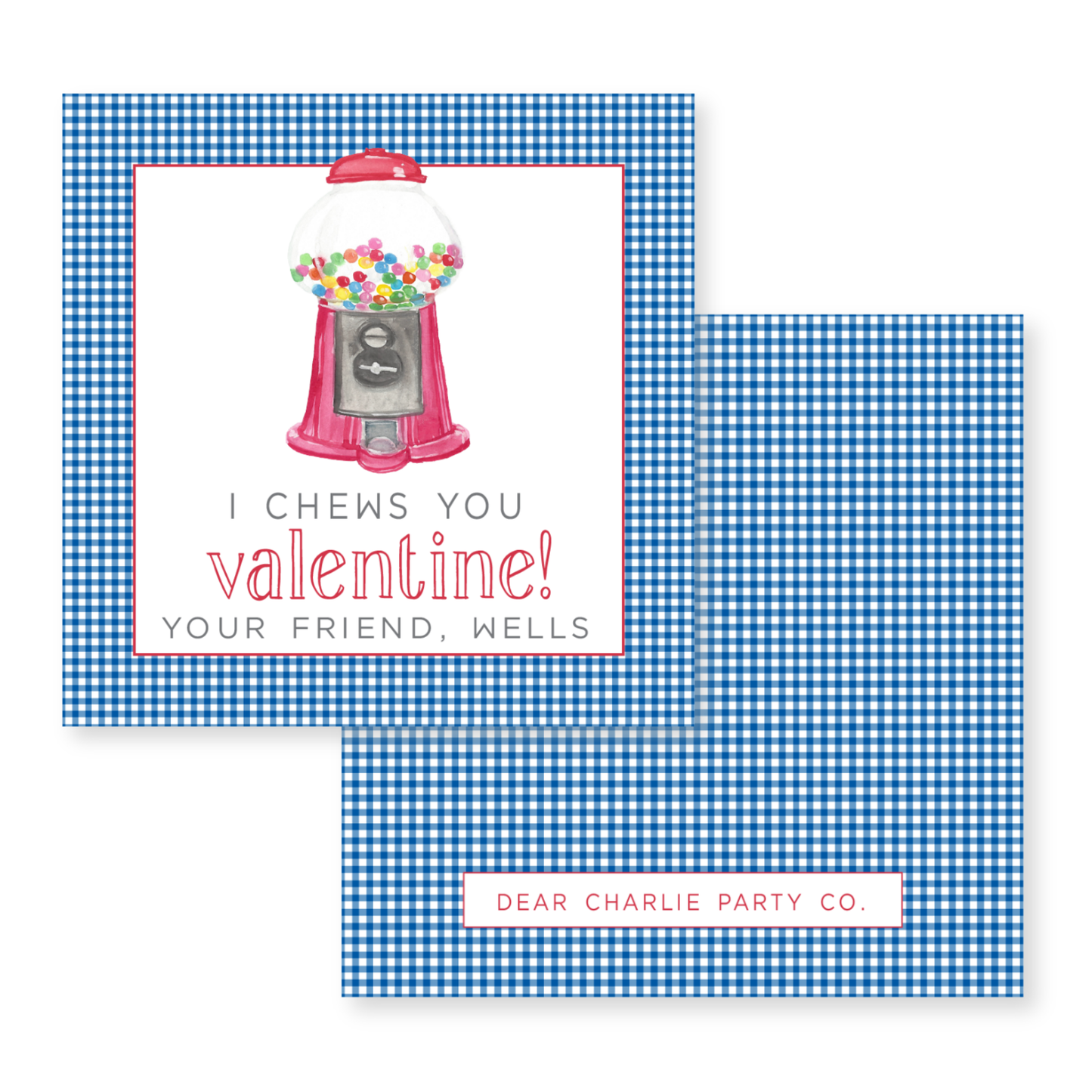 a blue and white checkered card with a candy machine