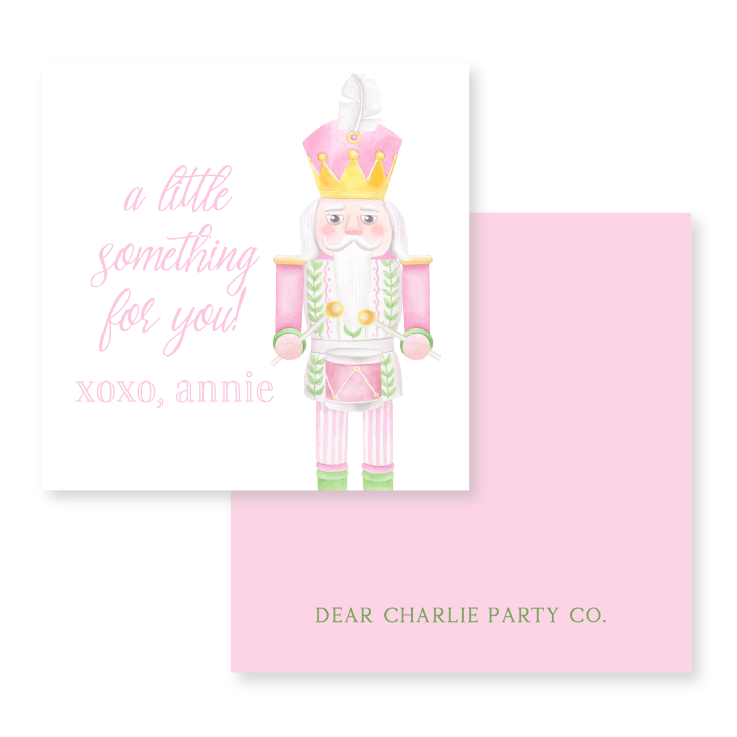 a pink card with a picture of a nutcracker