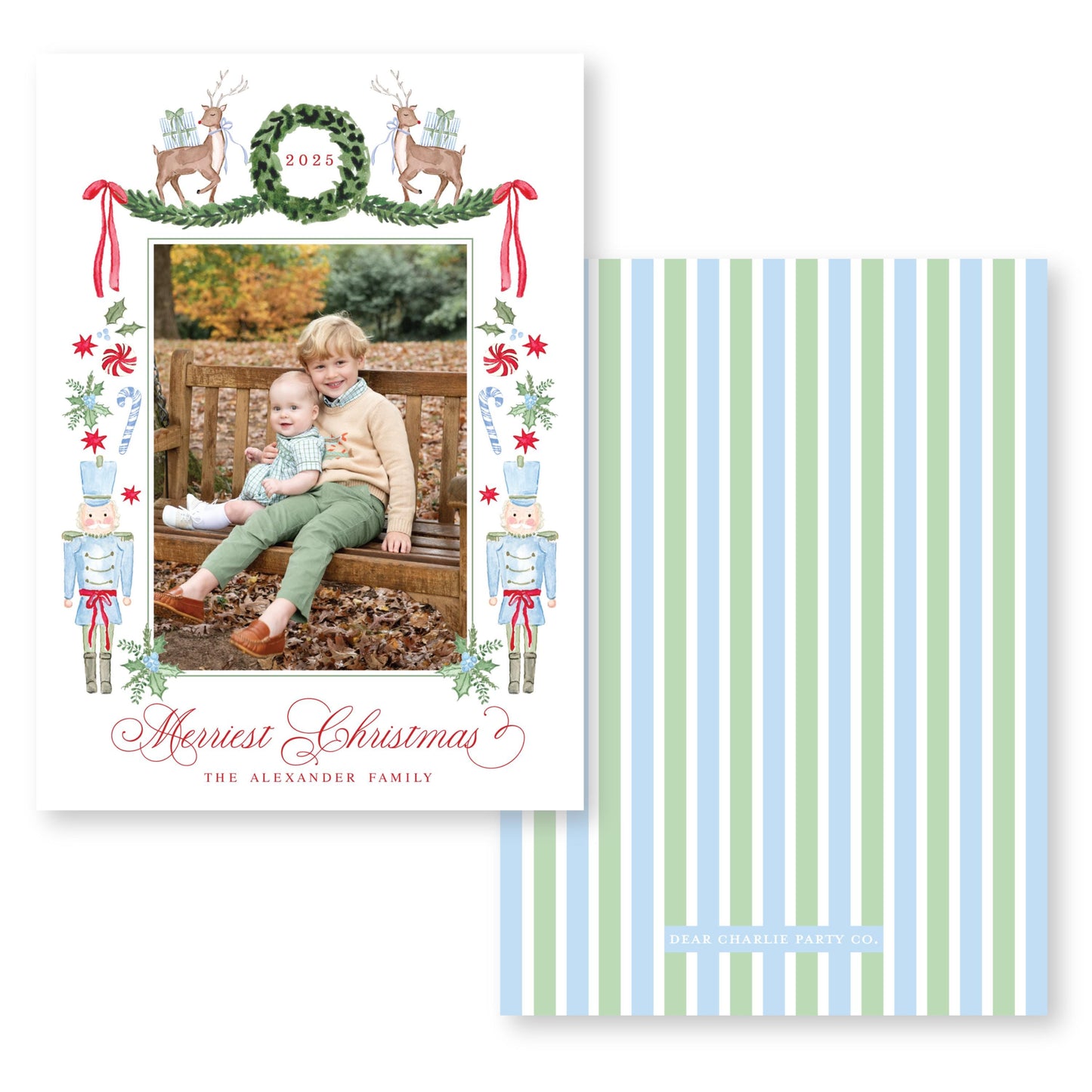 Exclusive Art | Reindeer, Nutcrackers and Ribbons Blue | 5x7 Holiday Photo Card with Envelope