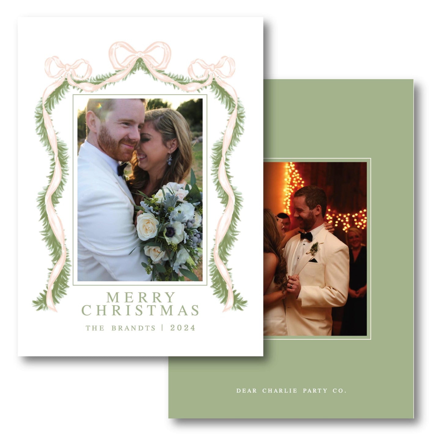 a christmas card with a picture of a bride and groom