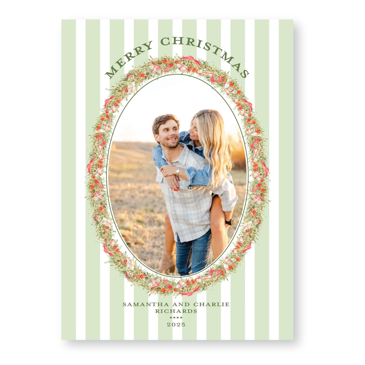 Pomander and Plaid Wreath Striped | 5x7 Holiday Photo Card with Envelope