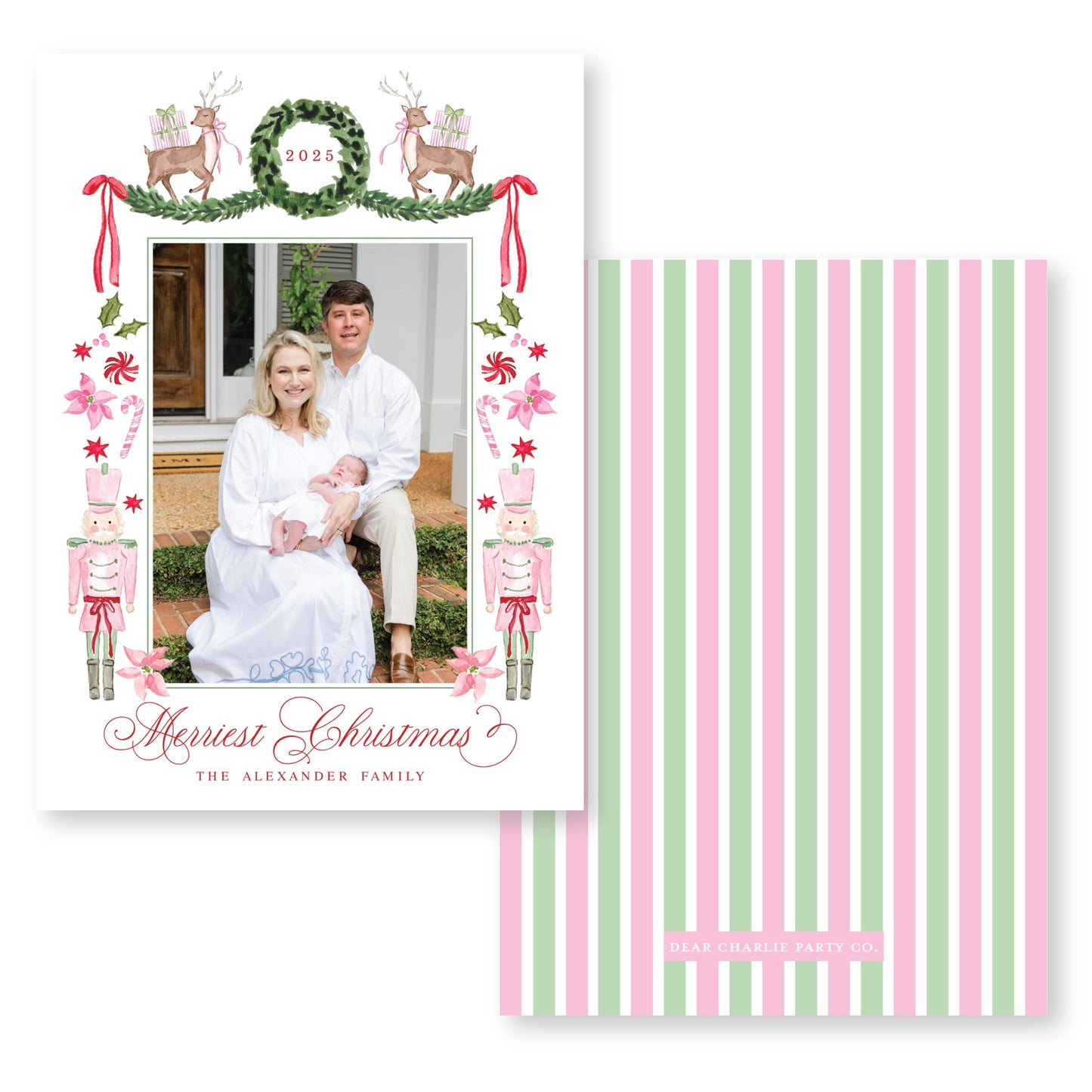 Exclusive Art | Reindeer, Nutcrackers and Ribbons Pink | 5x7 Holiday Photo Card with Envelope